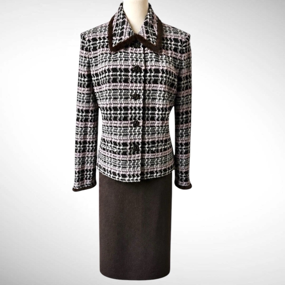 St John Collection Marie Gray Fur Trim Knit Suit 16 Brown Pink Skirt Set